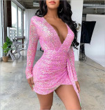 Deep V Neck Sexy Sequin Long Sleeve Sexy Irregular Skirt Dress