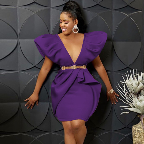 Sexy V Neck Roll Ruffle Sleeves Irregular Banquet Party Short Evening Dress