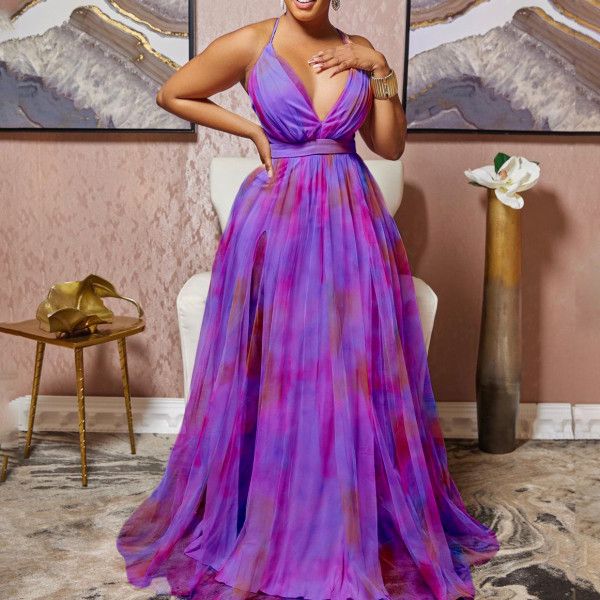Plus Size V Neck Print Sexy Banquet Evening Dress Slim Long Dress Dress