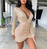 Deep V Neck Sexy Sequin Long Sleeve Sexy Irregular Skirt Dress