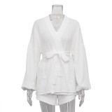 Two-piece set of white lace-up top casual loose high-waisted shorts