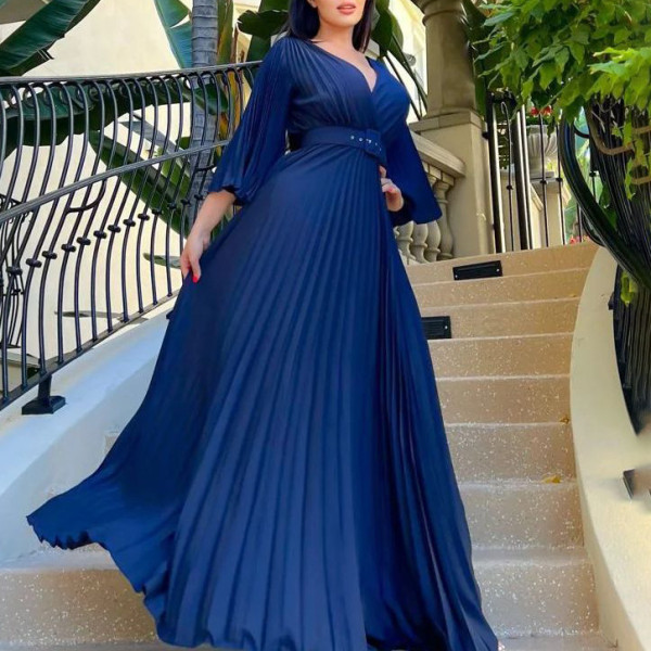 V-neck sexy pleated dress long dress
