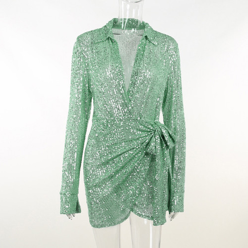 Sequin Sheer Shirt Dress Sexy Fashion Ladies Large Size Lapel Skirt