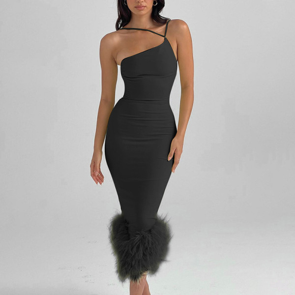 One-shoulder halterneck fur hem dress autumn sexy women's temperament commuter slim dress