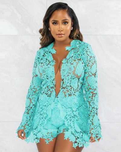 Autumn Sexy Hollow Lace Cardigan Long Sleeve Shorts Set Q22S8196-X5986