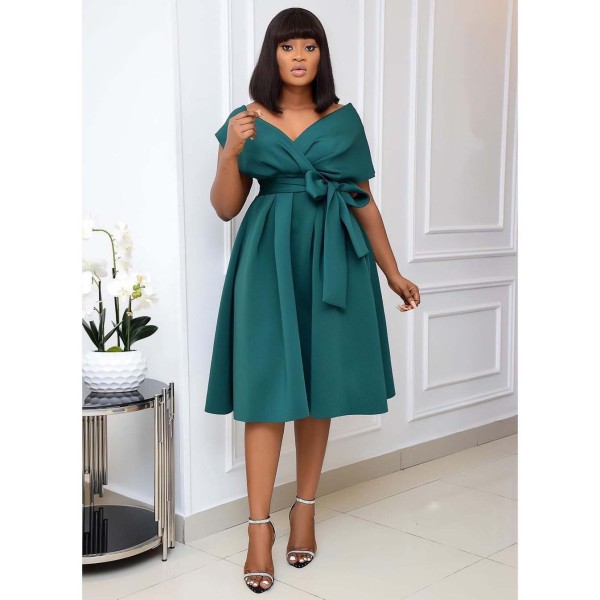 Plus Size Women's Short Sleeve V Neck Princess Swing Evening Dress