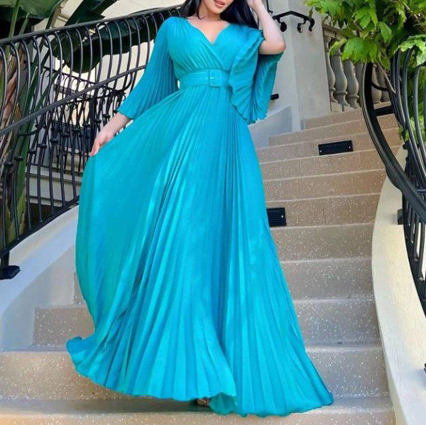 V-neck sexy pleated dress long dress