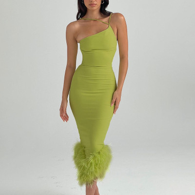 One-shoulder halterneck fur hem dress autumn sexy women's temperament commuter slim dress