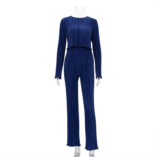 Long Sleeve T-Shirt Two Piece Slim Fit Blue Pleated Wide Leg Pants Set