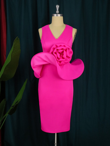 V-Neck Skinny Sexy Ruffle Sleeveless Floral Slim Fit Lady Party Evening Dress