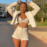 Women's Fashion Lapel Long Sleeve Short Jacket Slim High Waist Shorts Suit