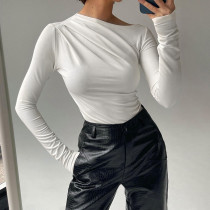 One-shoulder pleated basic bottoming long-sleeved autumn fashion women's temperament commuter slim top