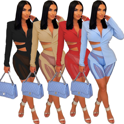 Women's Fashion Solid Color Suit Mesh Splicing Lace Two-piece Set XY9182
