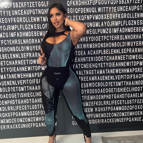 Skinny Printed Crossover Bodysuit Trousers Athleisure Set