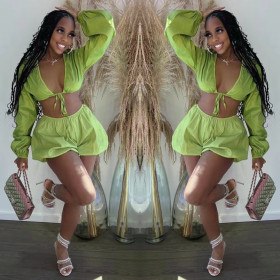 Tie Bubble Balloon Sleeve Solid Color Cropped Top Shorts Set