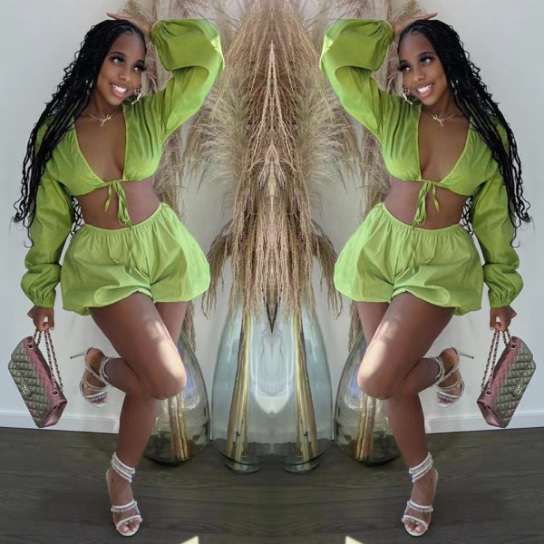 Tie Bubble Balloon Sleeve Solid Color Cropped Top Shorts Set
