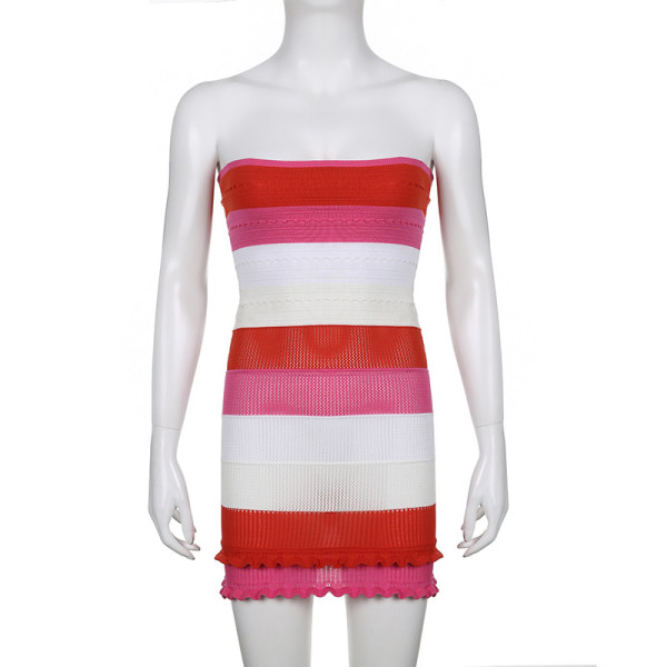 Fashion sexy hot girl striped contrast color stitching one word neck tube top wool lace dress
