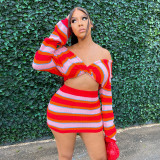 Striped Knit Contrast Color Twist Crop Top Cover Hip Skirt Set