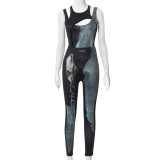 Skinny Printed Crossover Bodysuit Trousers Athleisure Set