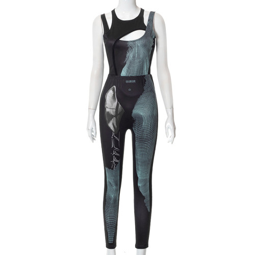 Skinny Printed Crossover Bodysuit Trousers Athleisure Set