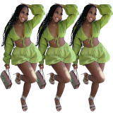 Tie Bubble Balloon Sleeve Solid Color Cropped Top Shorts Set