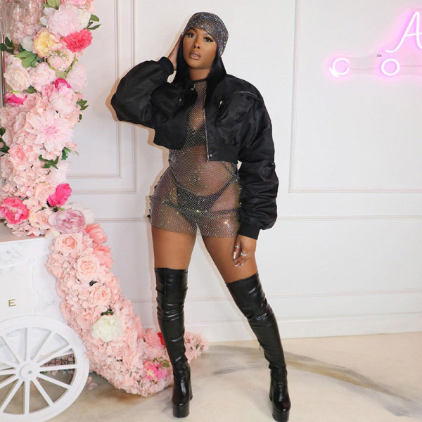 Fashion street casual style autumn and winter cool solid color stand collar pocket zipper jacket short coat