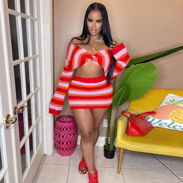 Striped Knit Contrast Color Twist Crop Top Cover Hip Skirt Set