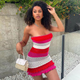 Fashion sexy hot girl striped contrast color stitching one word neck tube top wool lace dress