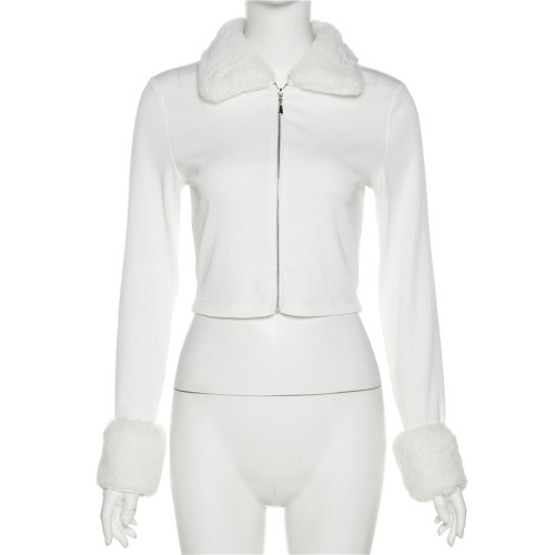 Women's Fashion Fur Collar Long Sleeve Slim Fit Cardigan Cropped Navel Solid Color T-Shirt