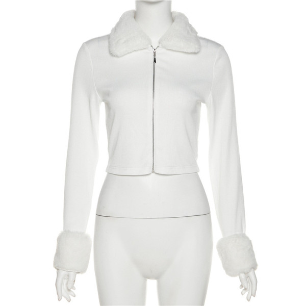 Women's Fashion Fur Collar Long Sleeve Slim Fit Cardigan Cropped Navel Solid Color T-Shirt