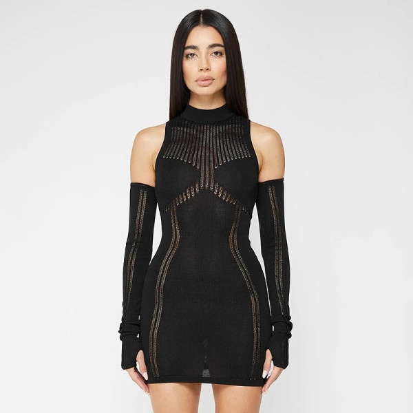 Knitted women's autumn dress sexy perspective tight round neck stitching long-sleeved hip skirt