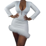 Autumn solid color sexy fur trimmed hip dress