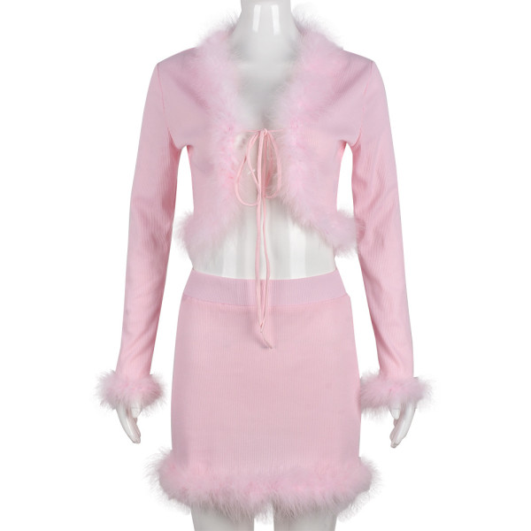 cropped feather skirt suit