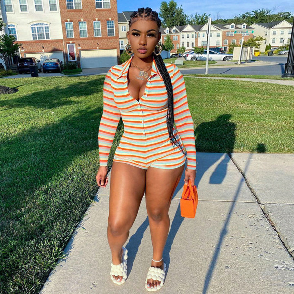 Colorful Striped Ribbed Print Lapel Buttoned Skinny Casual Playsuit