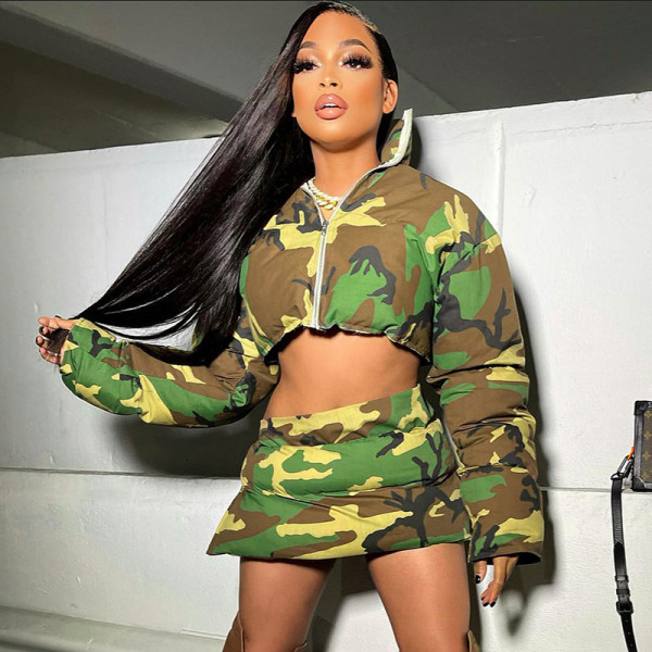 Fashion short cotton camouflage thick coat warm skirt suit