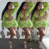 Tie Bubble Balloon Sleeve Solid Color Cropped Top Shorts Set