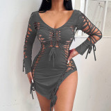 Feature Hollow Personality Sexy Dress High Waist Long Sleeve Dress