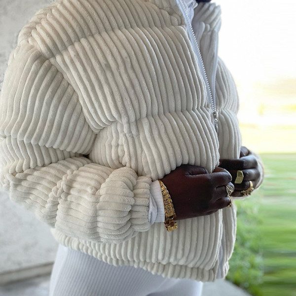 Fashion Solid Color Cardigan Striped Stand Collar Warm Casual Cotton Clothes