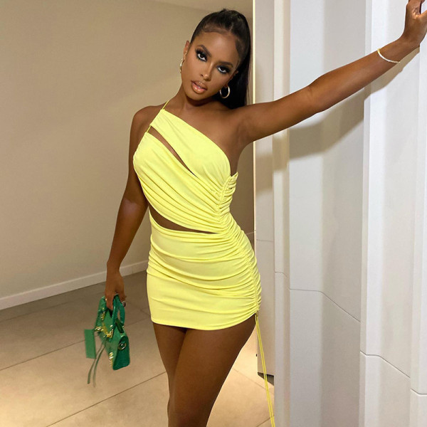 Personalized One-shoulder Sling Irregular Drawstring Hip Dress
