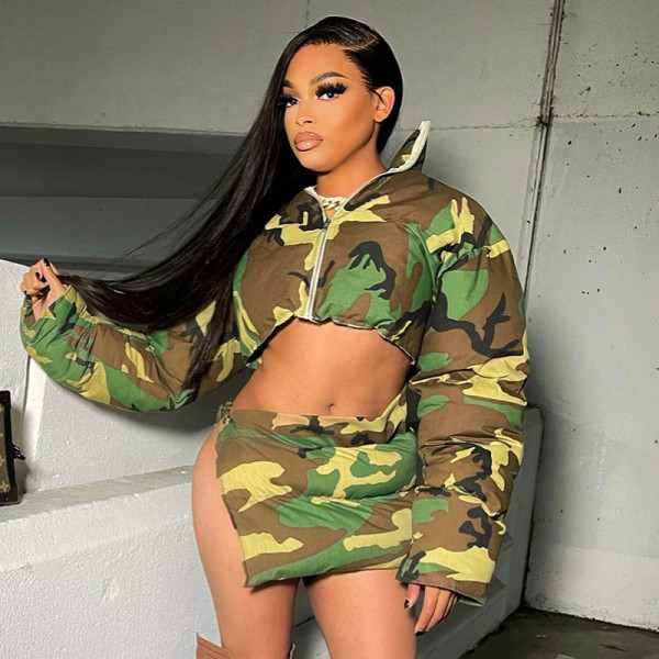 Fashion short cotton camouflage thick coat warm skirt suit