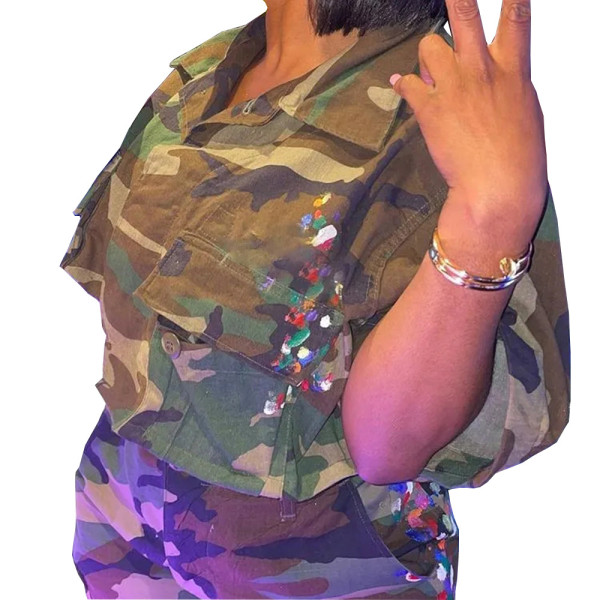 Camouflage Paint Pocket Personality Cardigan Outdoor Short Sleeve Women's Jacket
