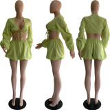 Tie Bubble Balloon Sleeve Solid Color Cropped Top Shorts Set