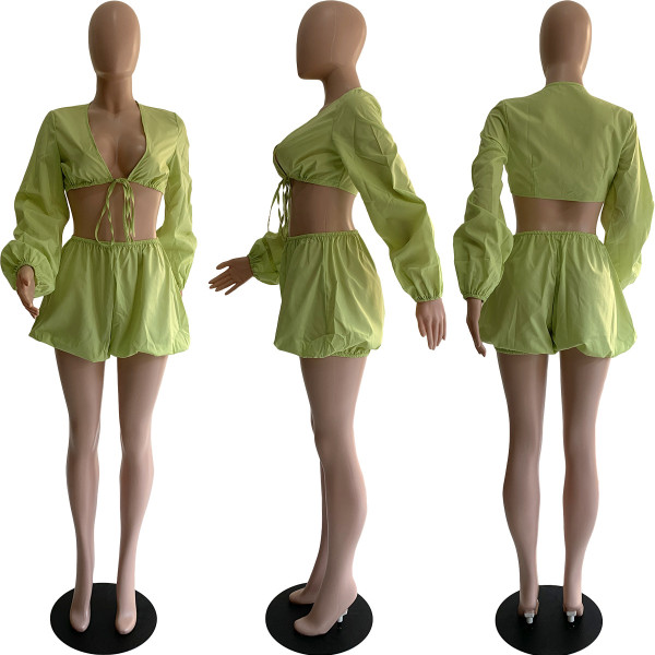 Tie Bubble Balloon Sleeve Solid Color Cropped Top Shorts Set