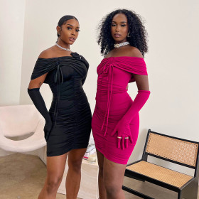 Fashionable word neck pleated high waist sexy dress