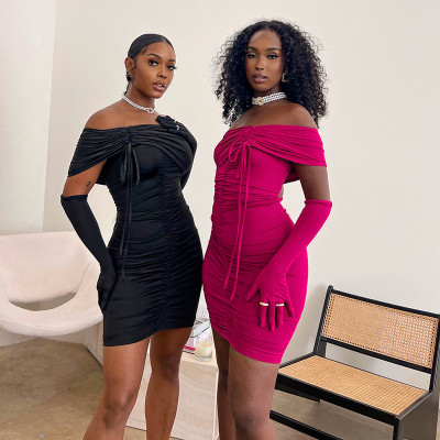 Fashionable word neck pleated high waist sexy dress