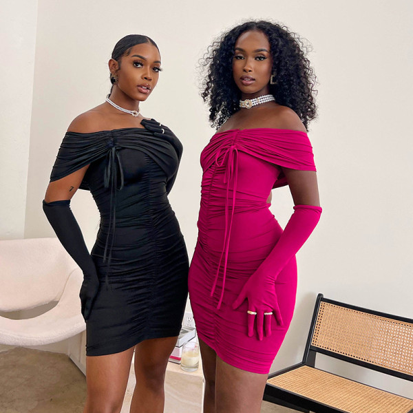 Fashionable word neck pleated high waist sexy dress