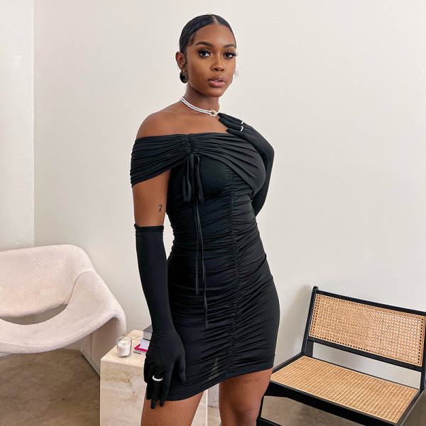 Fashionable word neck pleated high waist sexy dress