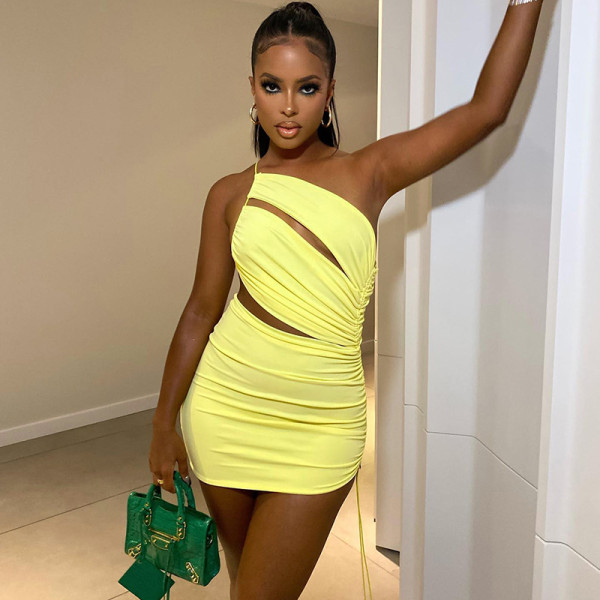 Personalized One-shoulder Sling Irregular Drawstring Hip Dress