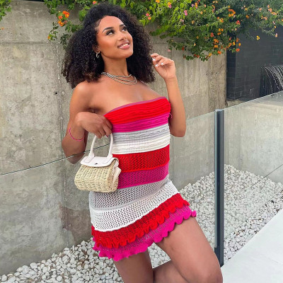 Fashion sexy hot girl striped contrast color stitching one word neck tube top wool lace dress
