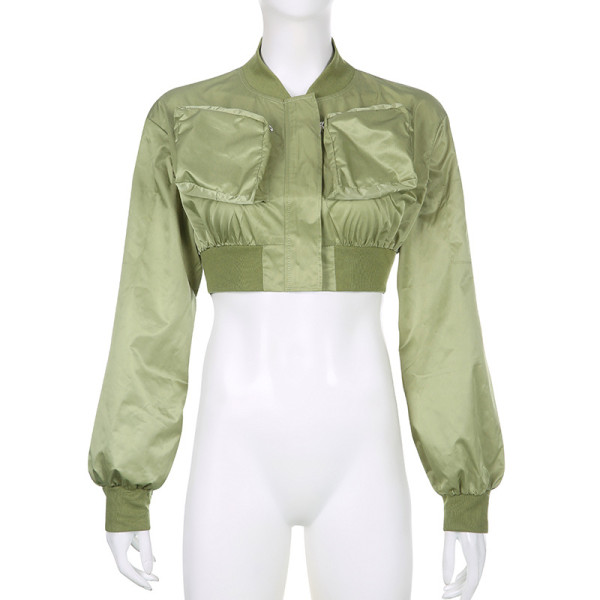 Fashion street casual style autumn and winter cool solid color stand collar pocket zipper jacket short coat